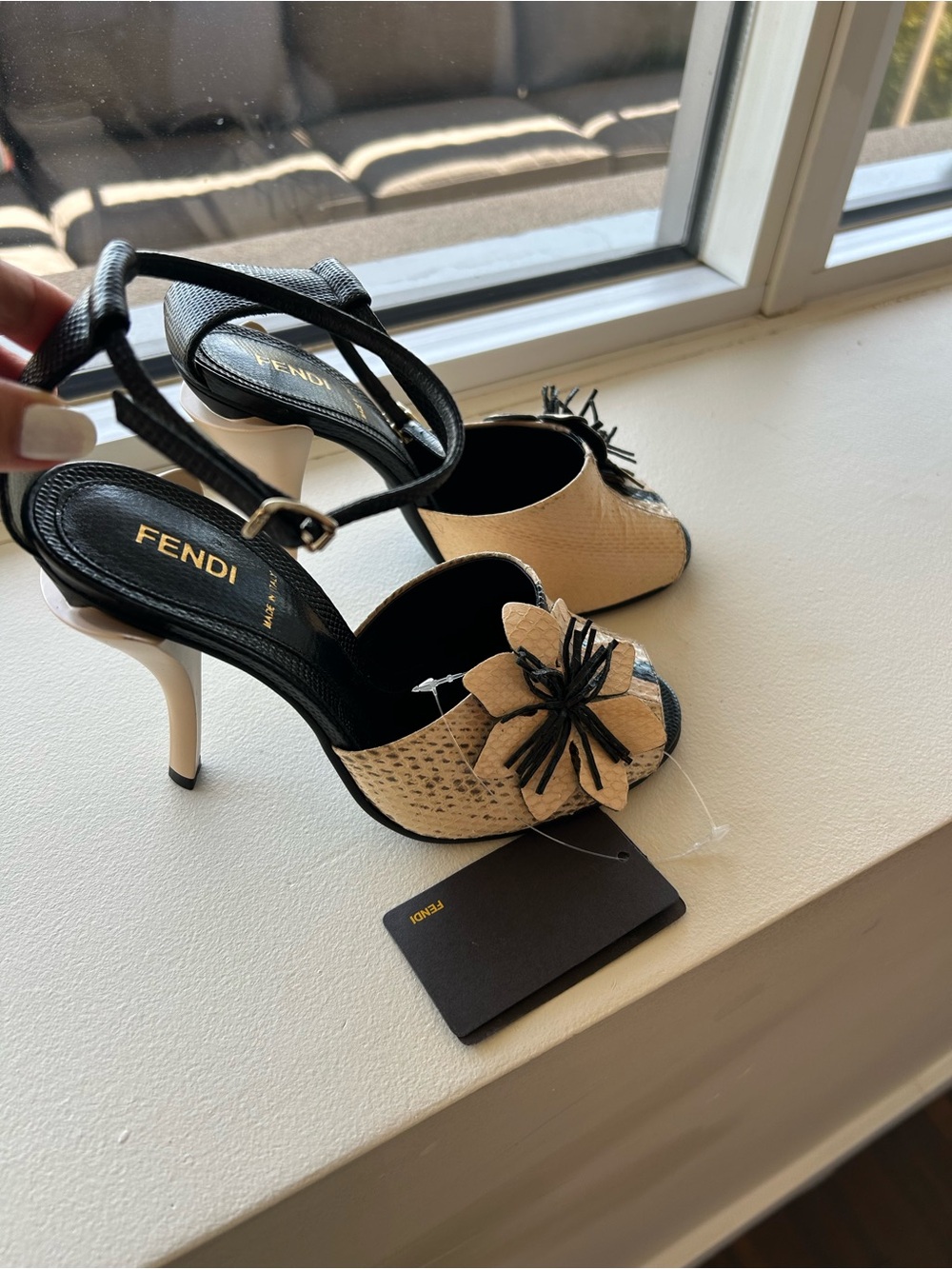 Fendi Two-Tone Beige and Black Floral Slingback Heels
